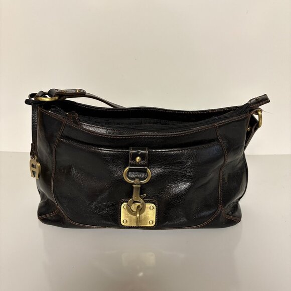 Etienne Aigner Black Leather Shoulder Bag Multiple Compartments Top Zipper - Picture 1 of 10